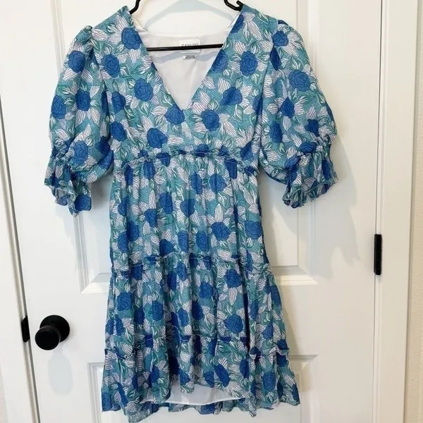 Saylor Womens Tiered Mini Dress Small Milkmaid Cottage Romantic Puff Sleeve Blue - Image 2