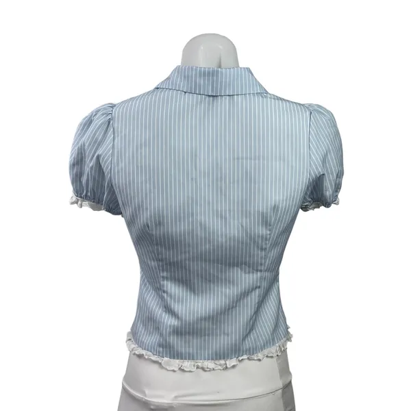 Peppermayo Blue Stripe Short Puff Sleeve Ruffle Crop Button Up Shirt Top Size XS - Image 3