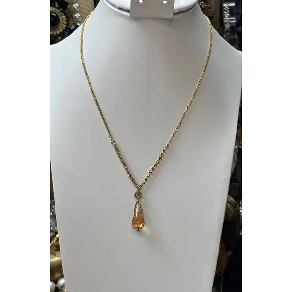 Gold Rhinestone Necklace With Amber Crystal Drop Pendant - Image 2