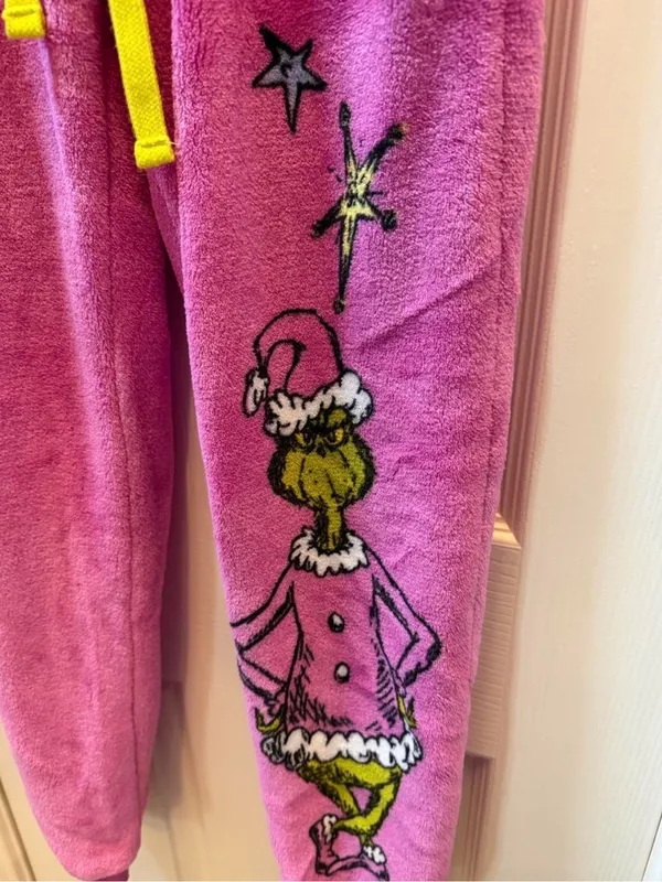 Plush Pink Grinch Joggers with Yellow Drawstring size S - Image 2