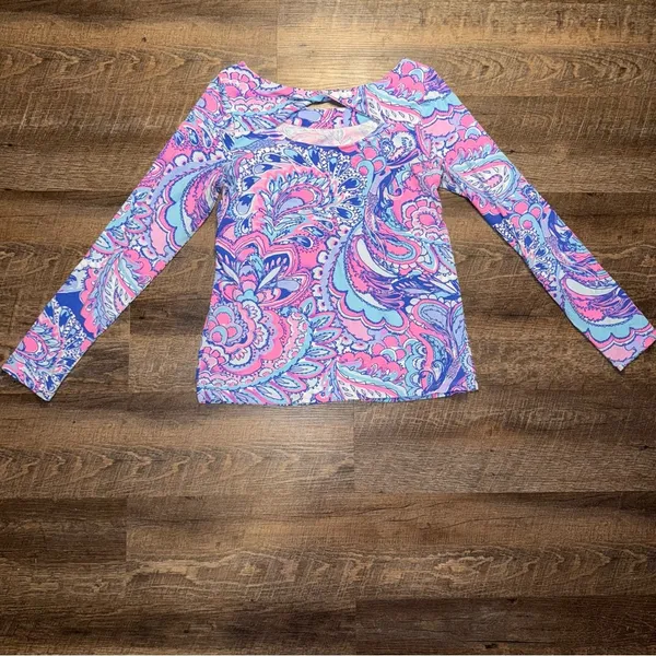 Lilly Pulitzer Pink and Blue Long Sleeve Cut Out Blouse - Image 5