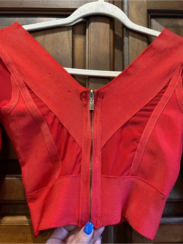 🌸WOW COUTURE Red Bandage Crop Top Sheer Mesh Long Sleeve Zip S - Image 7