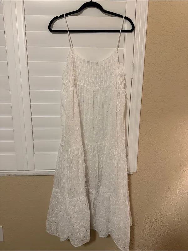 Zara White Eyelet Tiered Spaghetti-Strap Maxi Dress with Smocked Bodice - Image 3