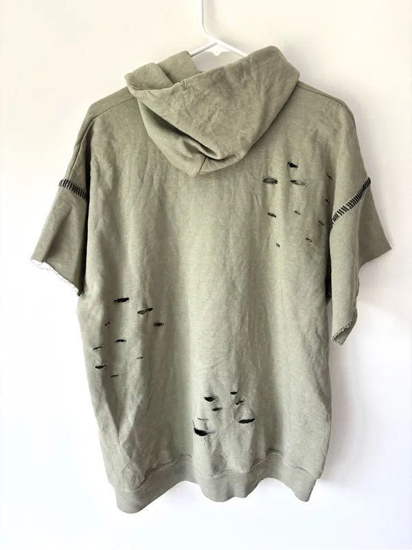 Free People x Tricia Fix Green Short-sleeve Hoodie Distressed Holes Black Stitch - Image 9
