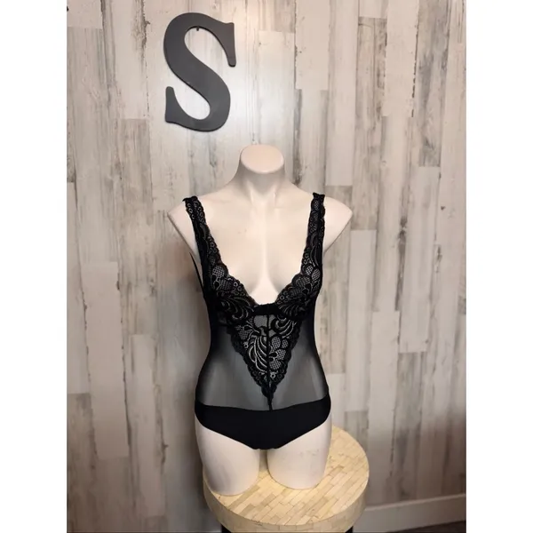 Timing Black Mesh Lace Bodysuit Womens Size Small S Sheer Low Back Teddy Lingeri - Image 3