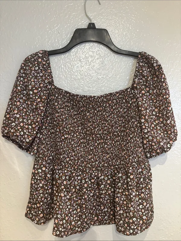 Smocked Square-Neck Brown Floral Peplum Sz L Top Casual Hesperus - Image 6