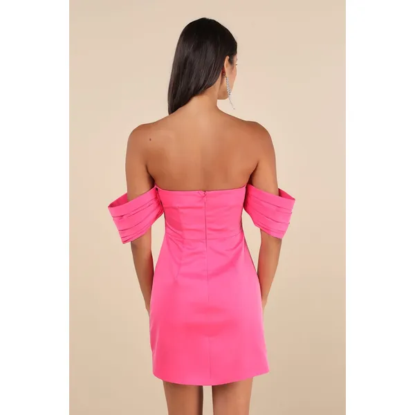 NWT Lulus Totally Haute Hot Pink Satin Pleated Off-the-Shoulder Mini Dress Sz M - Image 3