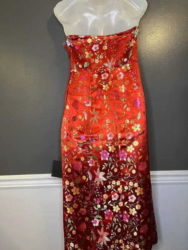 Lulus Dress Womens Medium Red Floral Jacquard Strapless Sheath Maxi Side Slit - Image 8