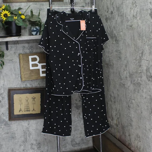 NWT State Of Day Womens Fluid Knit Notched Pajama Set Deep Black Polka Dot L - Image 3