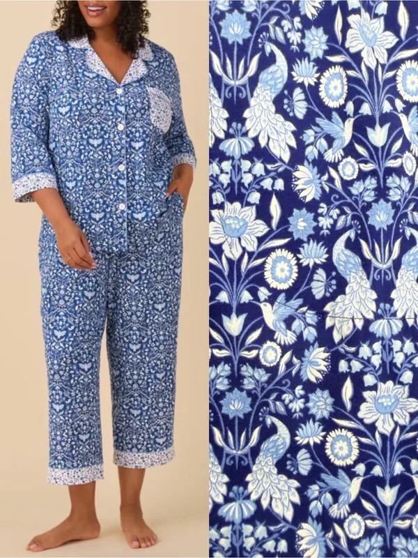 BedHead 3/4 Sleeve Classic PJ Set Bloomscape Blue Bird Floral Cropped Pajama Set - Image 2