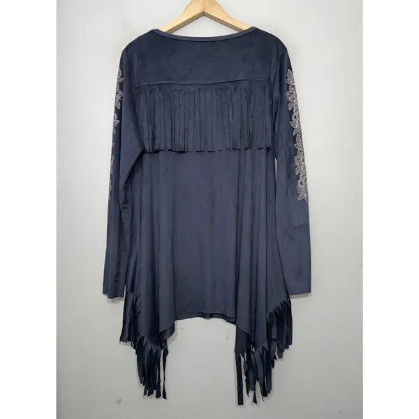 Vocal Tunic Top Size XL Gray Faux Suede Fringed Silver Studded Whimsigoth Punk - Image 5