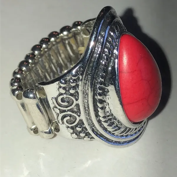 Red Teardrop Stone Silver Tone Boho Statement Ring - Image 6