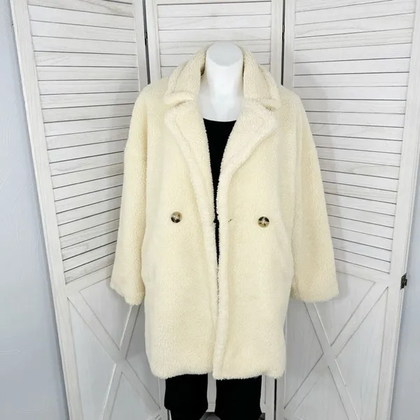 Pretty Little Thing Faux Sherpa Double Breasted Teddy Coat Cream 10 Borg‎ Lapel - Image 3