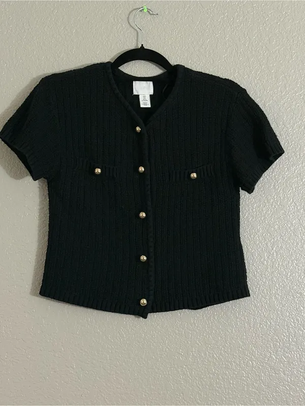H&M Small Black Short Sleeve Knit Cardigan Gold Buttons Cropped Preppy Chic Top - Image 7