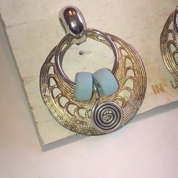 Aged Silver Tone Hoop Earrings with Light Blue Beads - Image 2