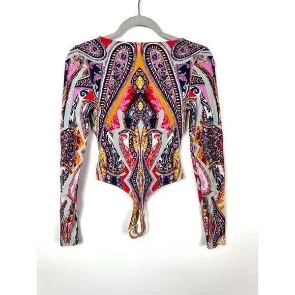 Free People Womens Paisley Lace Up Long Sleeve Bodysuit Multi Color‎ XS - Image 7