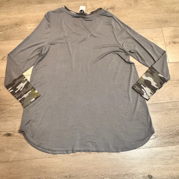 JM Fashion‎ Tunic Grey Camo Trim V-Neck Tunic Top Long Sleeve XLarge XL - Image 2