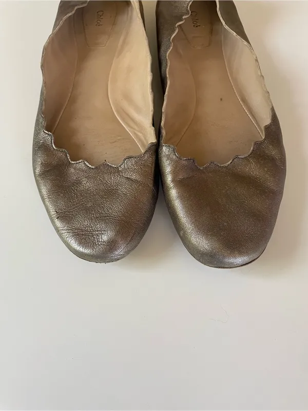 Chloé Lauren Scalloped Leather Ballet Flats Bronze Metallic Size 39.5 Italy - Image 3