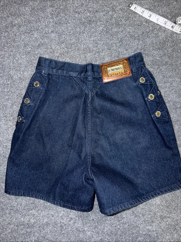 vintage Lawman high-waisted dark wash denim shorts featuring prominent gold-tone - Image 3
