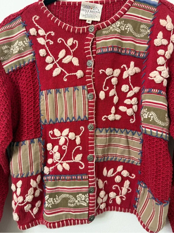 {S} Vintage Susan Bristol Red Embroidered Patchwork Cardigan 1995 - Image 2