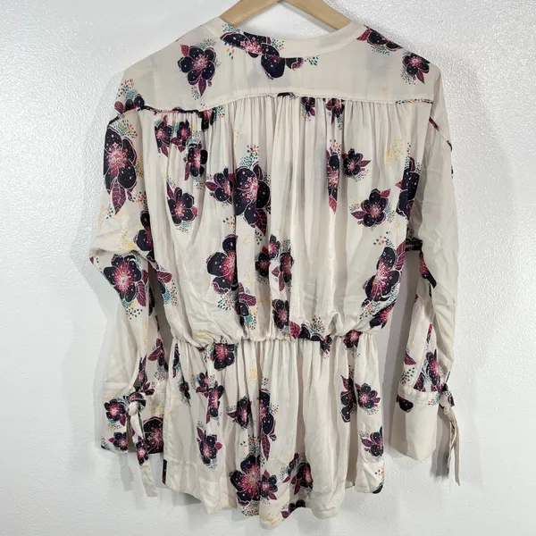 Free People Tuscan Dreams Floral Wrap Blouse BohoPeplum Tie Sleeve Top Cream‎ XS - Image 3