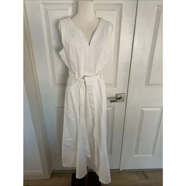 Sundance Poppy Denim Midi Dress Belted A-Line Pockets Boho, White, Size 12, NWOT - Image 5