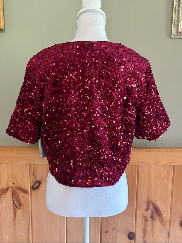 CeCe Cropped Velvet Sequin Short Sleeve Bow Front Top size Medium NWT - Image 4
