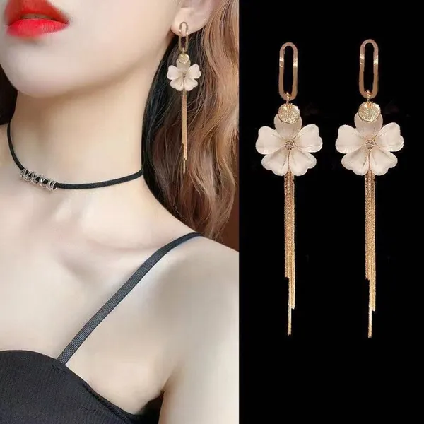 Women’s Crystal Flower Long Tassel Dangle Drop Earrings - Image 3