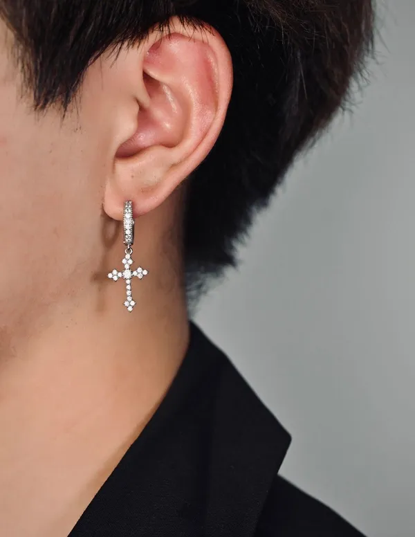 925 Silver Plated Cross Dangle Drop Earrings for Men Women,Punk Hip Hop Earrings - Image 3