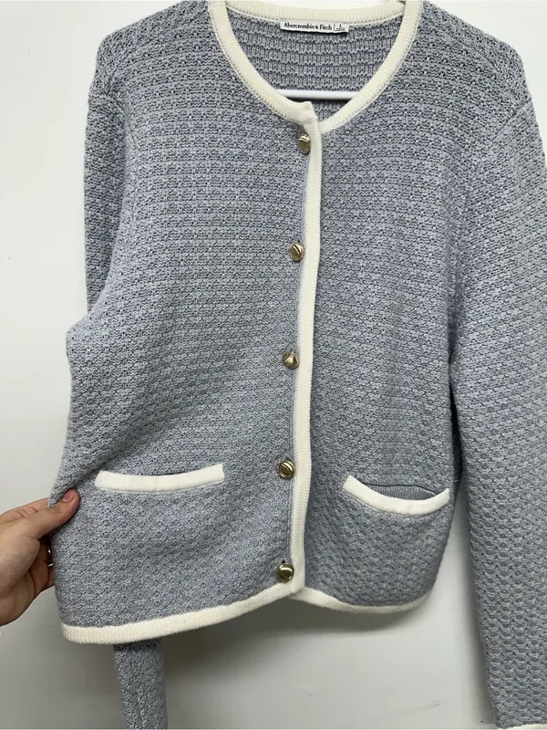 Abercrombie & Fitch Light Blue Textured Crewneck Cardigan with Cream Trim - Image 6