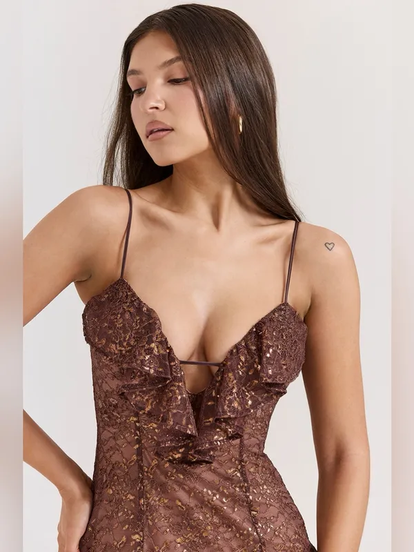 House of CB LUCIANNA Espresso Lace Maxi Dress Small - Image 2