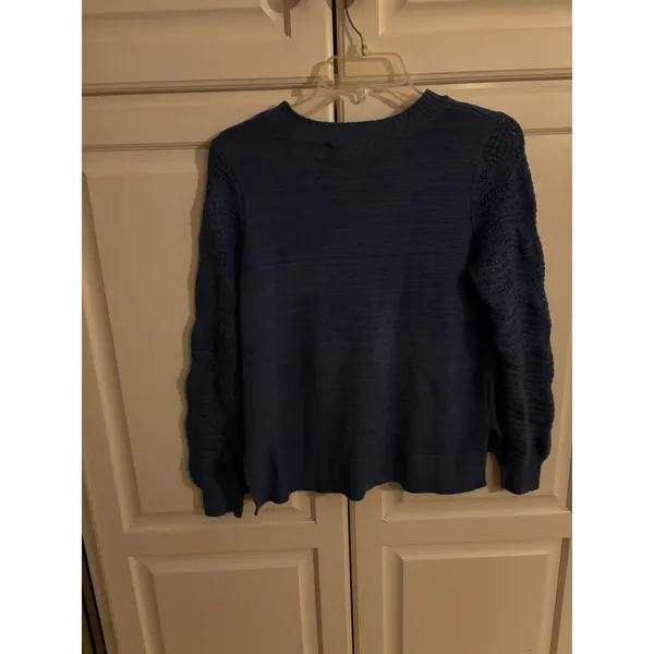 Christian Siriano New York Womens Blue‎ Pointelle Sleeve Crewneck Sweater Size M - Image 4