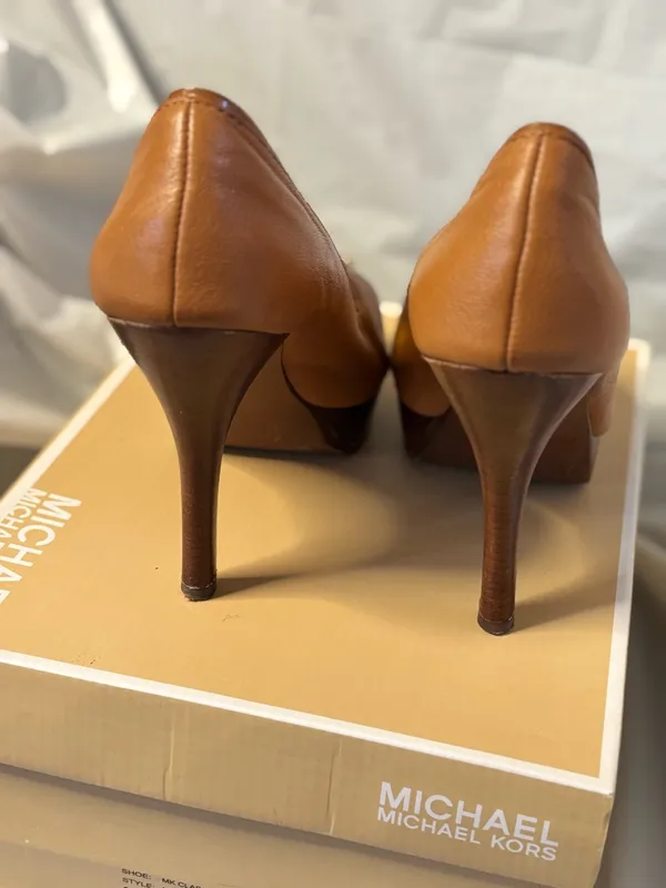 Michael Kors Cognac Leather Peep-Toe Platform Pumps - Image 8