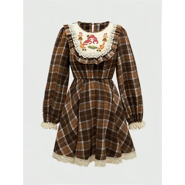 Romwe NWT Fairycore Women's Casual Plaid Patchwork Mushroom Embroidery Mini Dress - Image 2