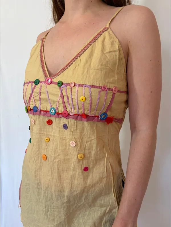 Pale Yellow Button Detail Pink Trim Tie Back Y2k Tank Top - Image 5