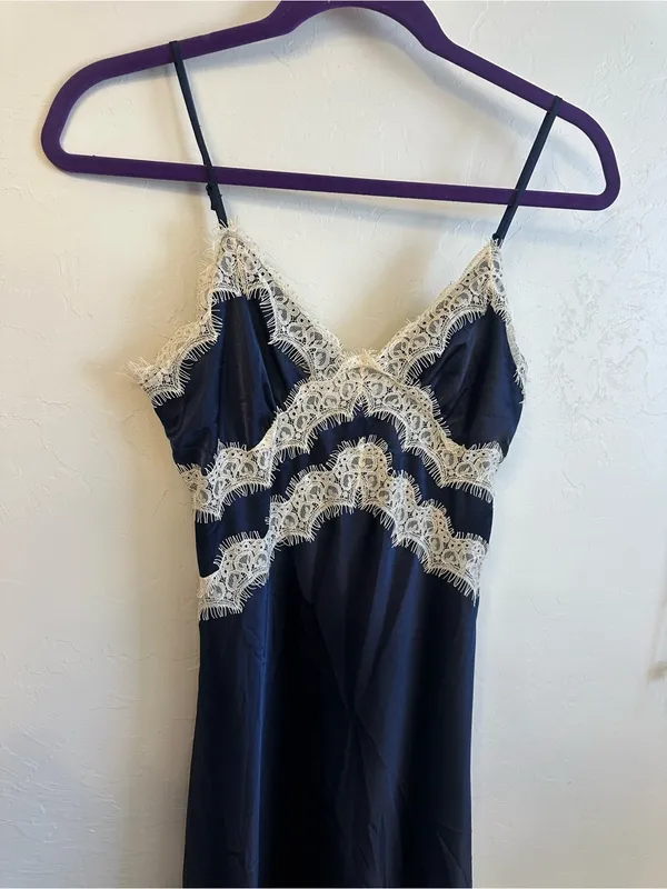 Lace-Trim Satin Slip Dress - Navy - Image 3