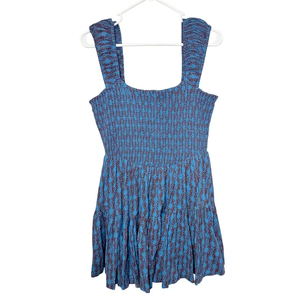 Free People Sweet Annie Mini Dress Blue Print Smocked Tiered Square Neck Womens - Image 5