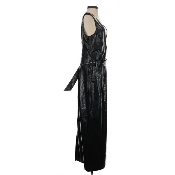 LAMARQUE Black Faux Leather Button Front Belted Maxi Dress XS Goth - Image 4