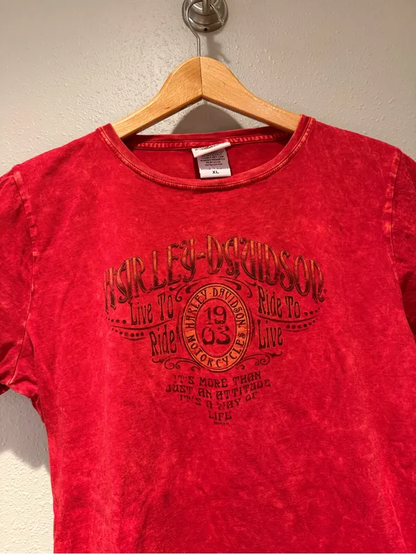 Harley Davidson Womens Red Acid Wash Graphic T Shirt XL - Image 2
