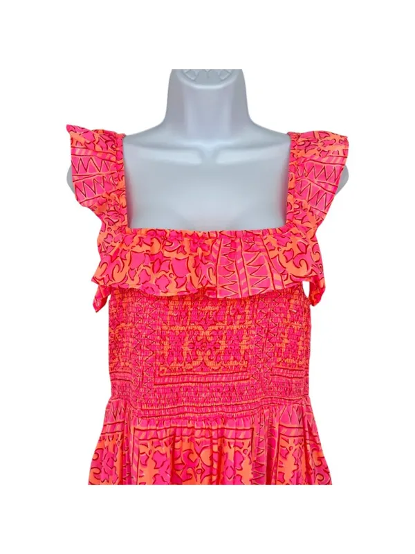 Vineyard Vines Neon Tortola Smocked Midi Dress Vibrant Pink Orange Size Medium - Image 9