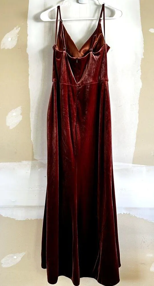 Revelry Velvet Maxi Dress Bridesmaid Gown Plunging V Adjustable Rust 8 - Image 3
