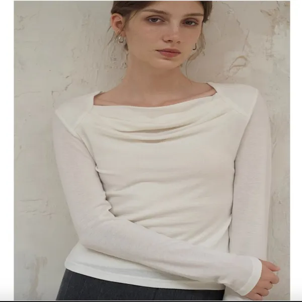 Minimalist Sheep Wool Blend Draped Cowl Neck Long Sleeve Top Soft White - Image 2