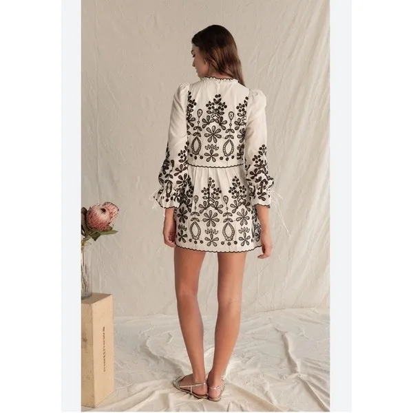 SAYLOR Ivory Mini Dress with Black Floral Embroidery Size XS 100% Cotton - Image 2