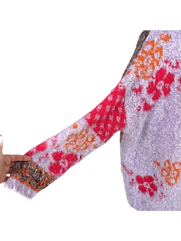 Altar'd State Casey Purple Floral Open Front Fuzzy Cardigan Sweater Size Small - Image 3