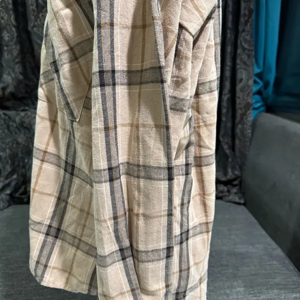 Women Plaid Tan & Black Collared Long Sleeve Buttondown Relaxed Fit Shirt‎ Sz L - Image 6