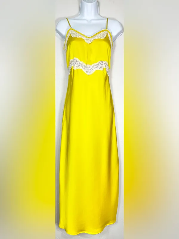 Zara Yellow Satin Finish Slip Dress with White Lace Trim Size Small - Image 4