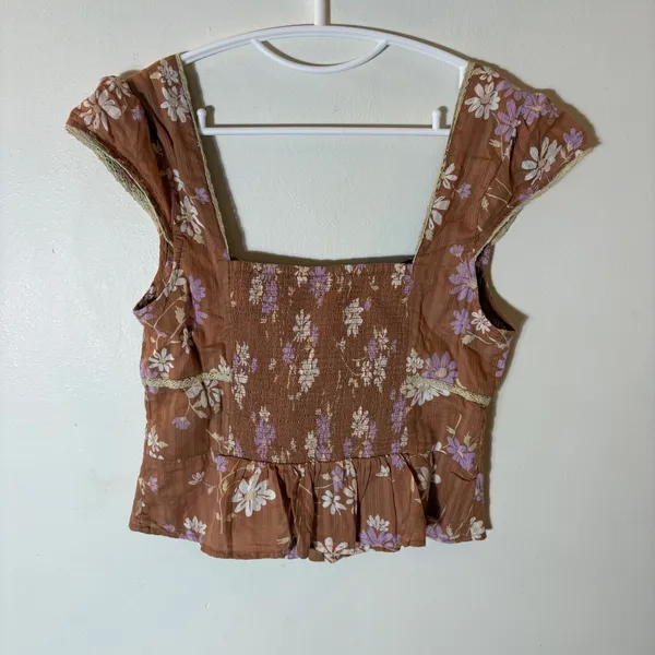 Free People‎ Call Me Baby Cap Sleeve Button Up Shirt in Meerkat Combo Size Large - Image 7