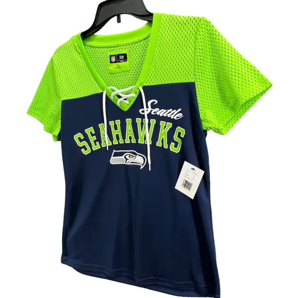 Seattle Seahawks NFL Football Shirt M Blue Green Lace Up Top Superbowl Champs‎ - Image 2