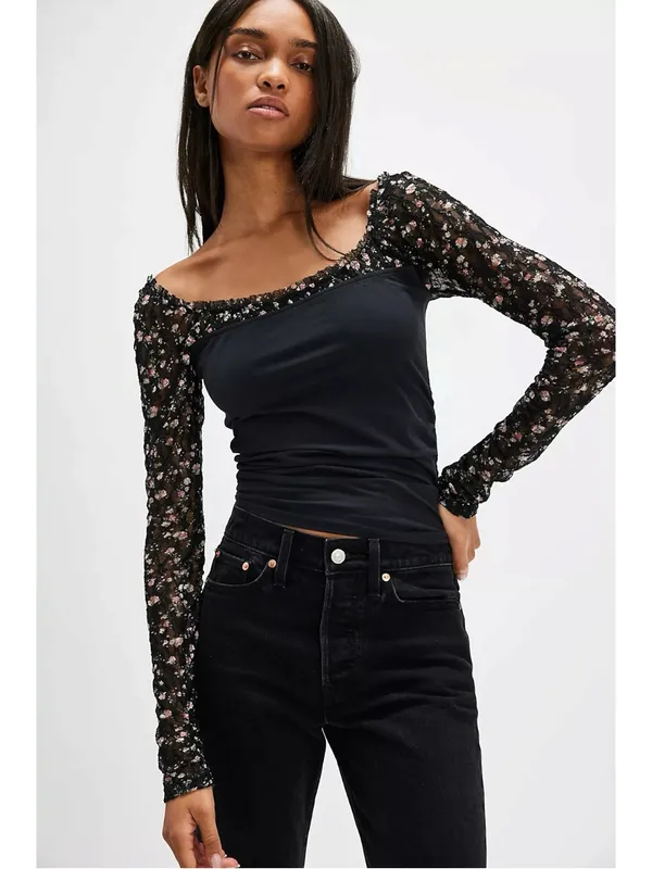 Free People Dainty Coquette Scoop Neck Josie Long Lace Sleeve Top Black Large - Image 12