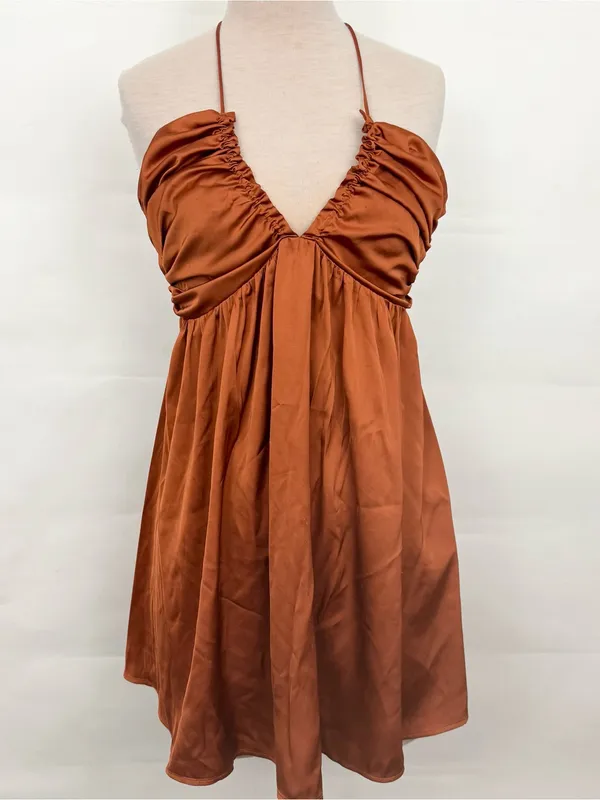Abercrombie & Fitch Rust Orange Satin Silky Strappy Mini Dress XS - Image 3